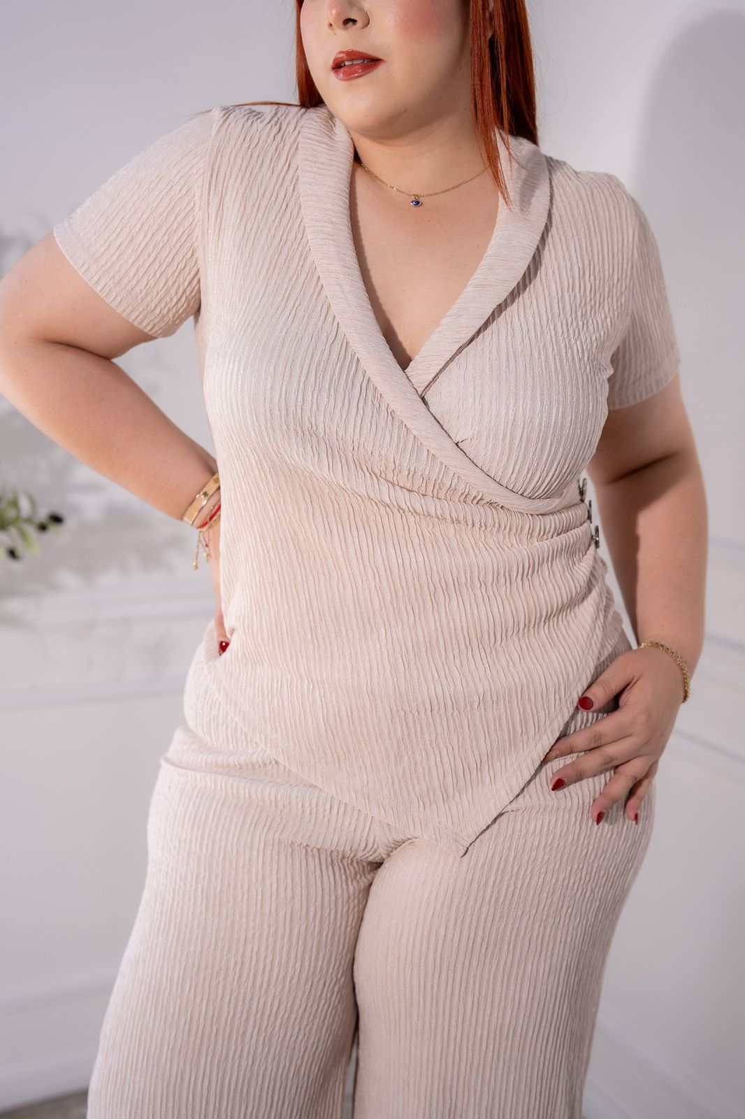 Set pantalon acanalado beige