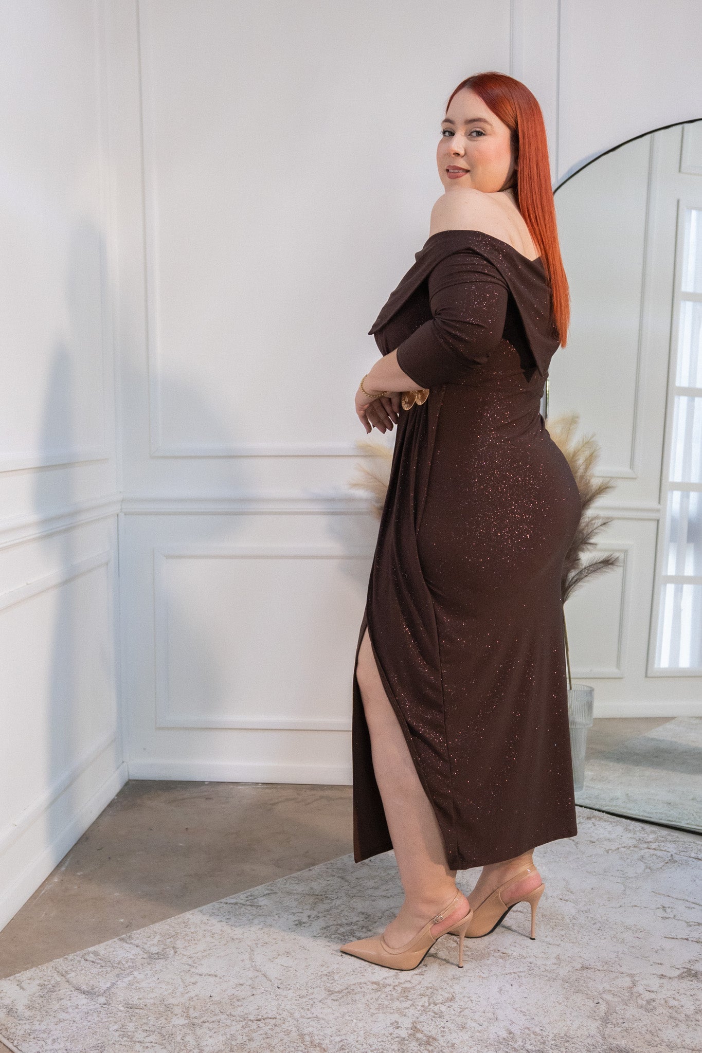 Vestido glitter cruzado cafe