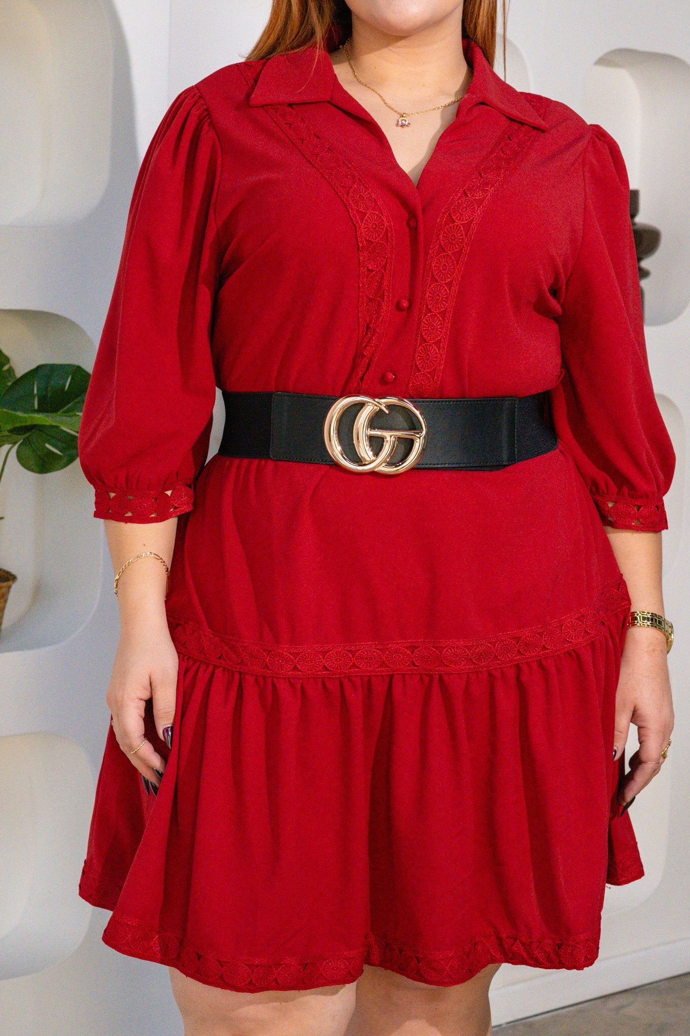 vestido circular encaje tinto