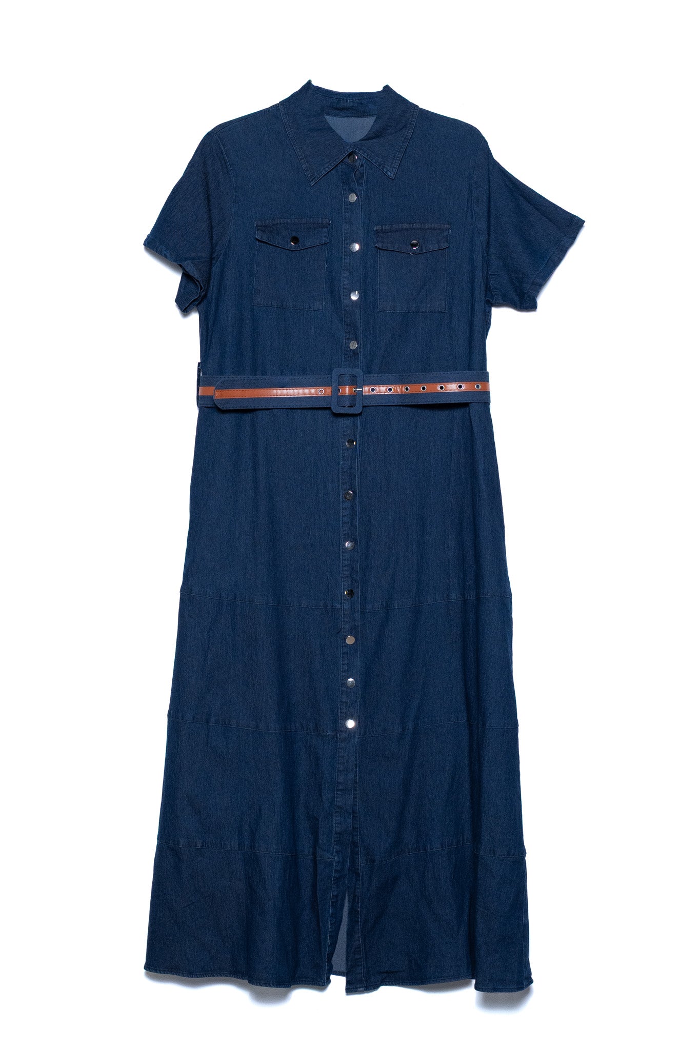 Maxi vestido camisero con cinto denim