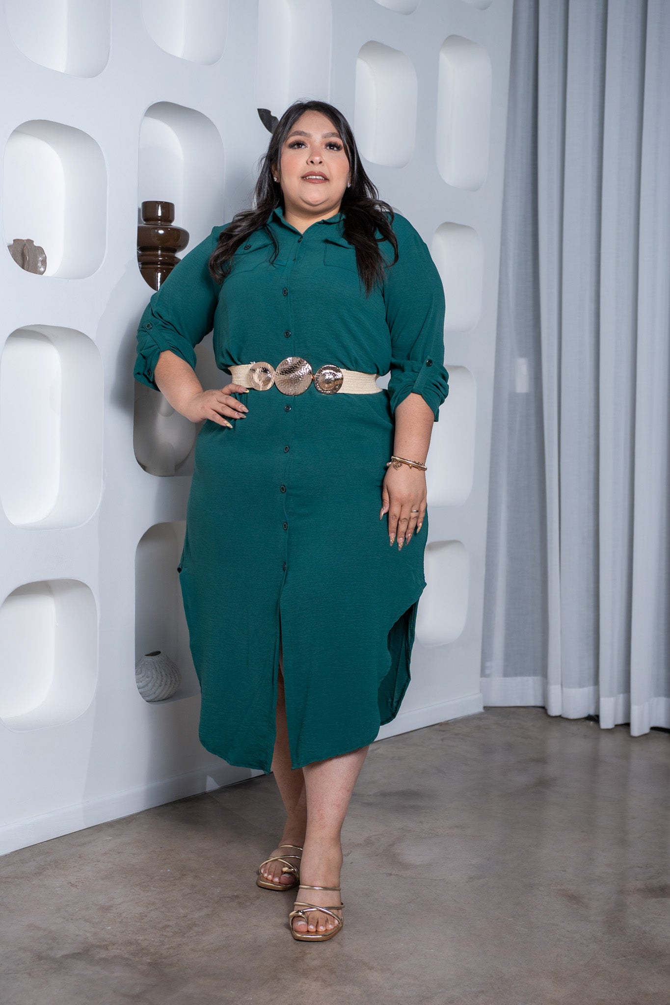 Maxi vestido camisero liso verde