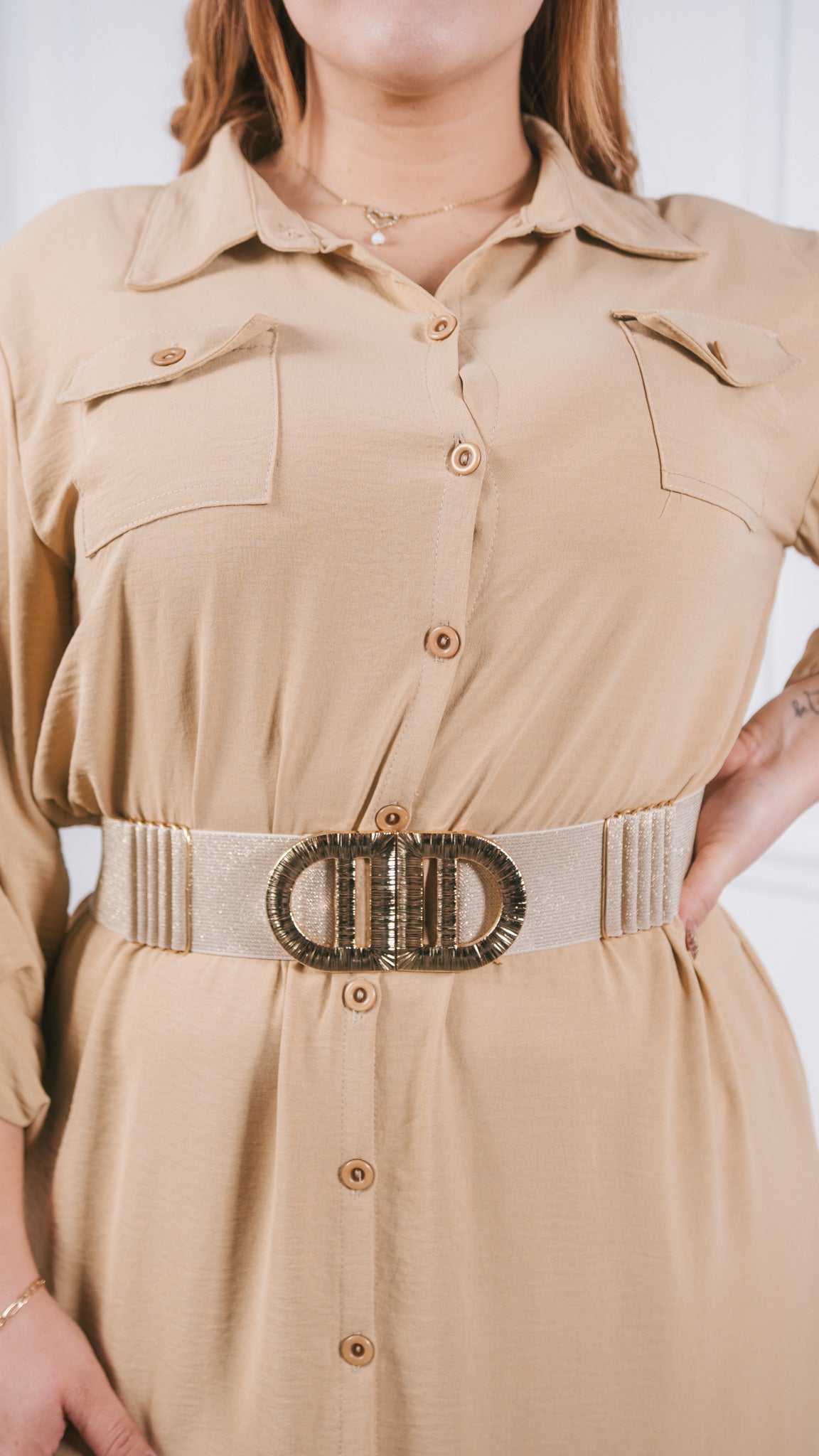 Maxi vestido camisero liso beige