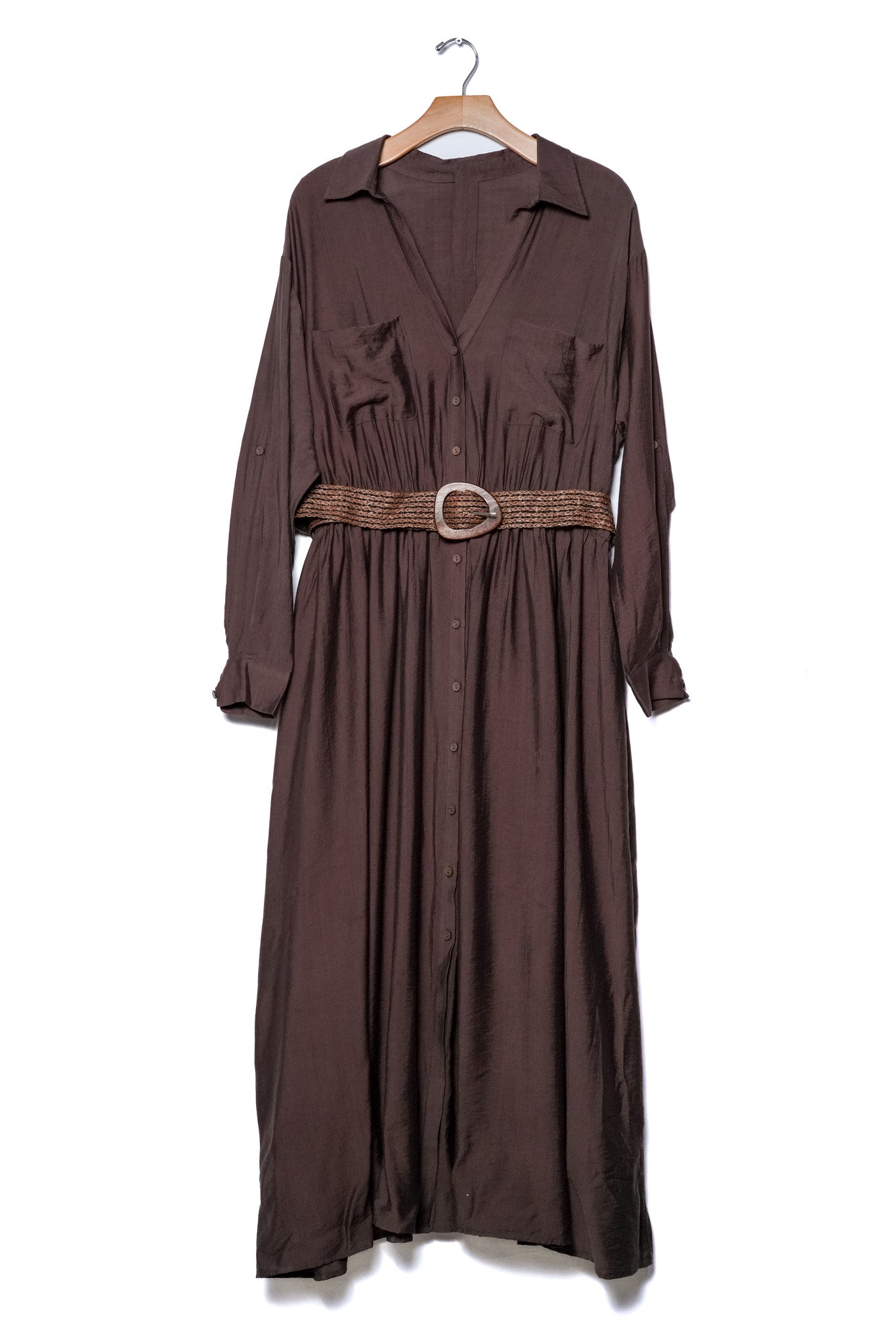 Maxi vestido camisero con cinto cafe