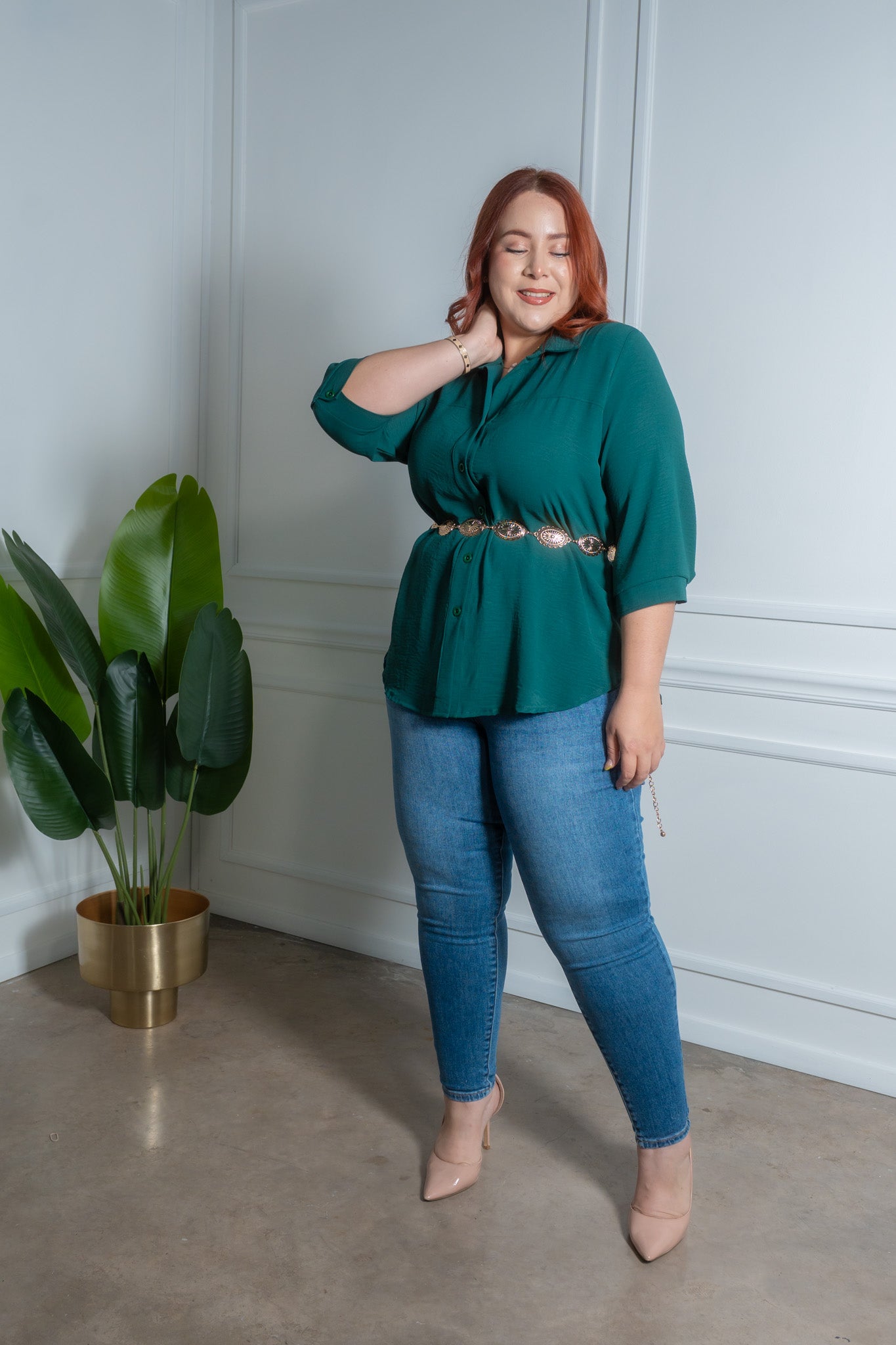 Camisa lisa manga 3/4 verde y blanca