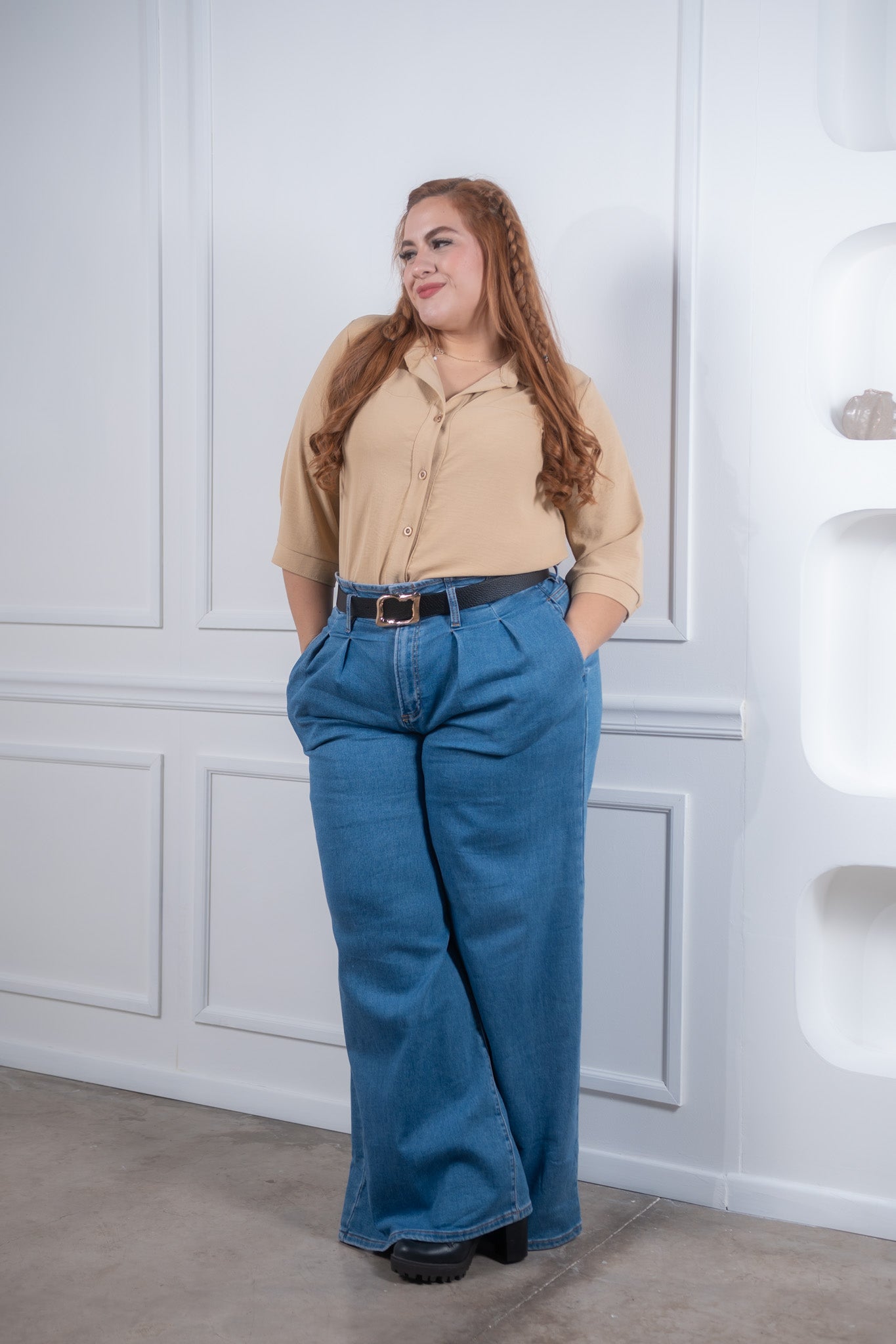 Camisa lisa manga 3/4 beige