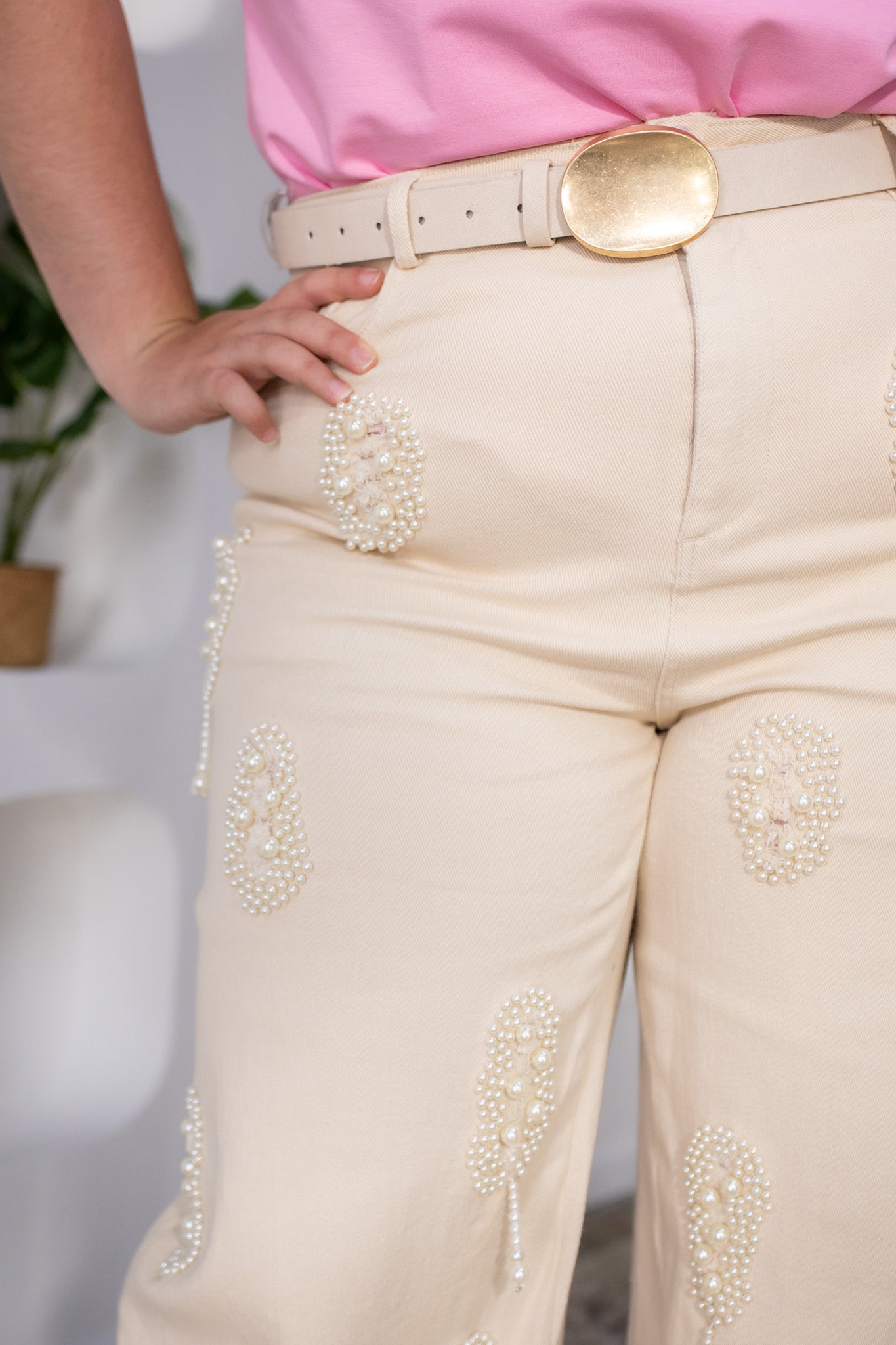 Jeans recto detalle perlas bei