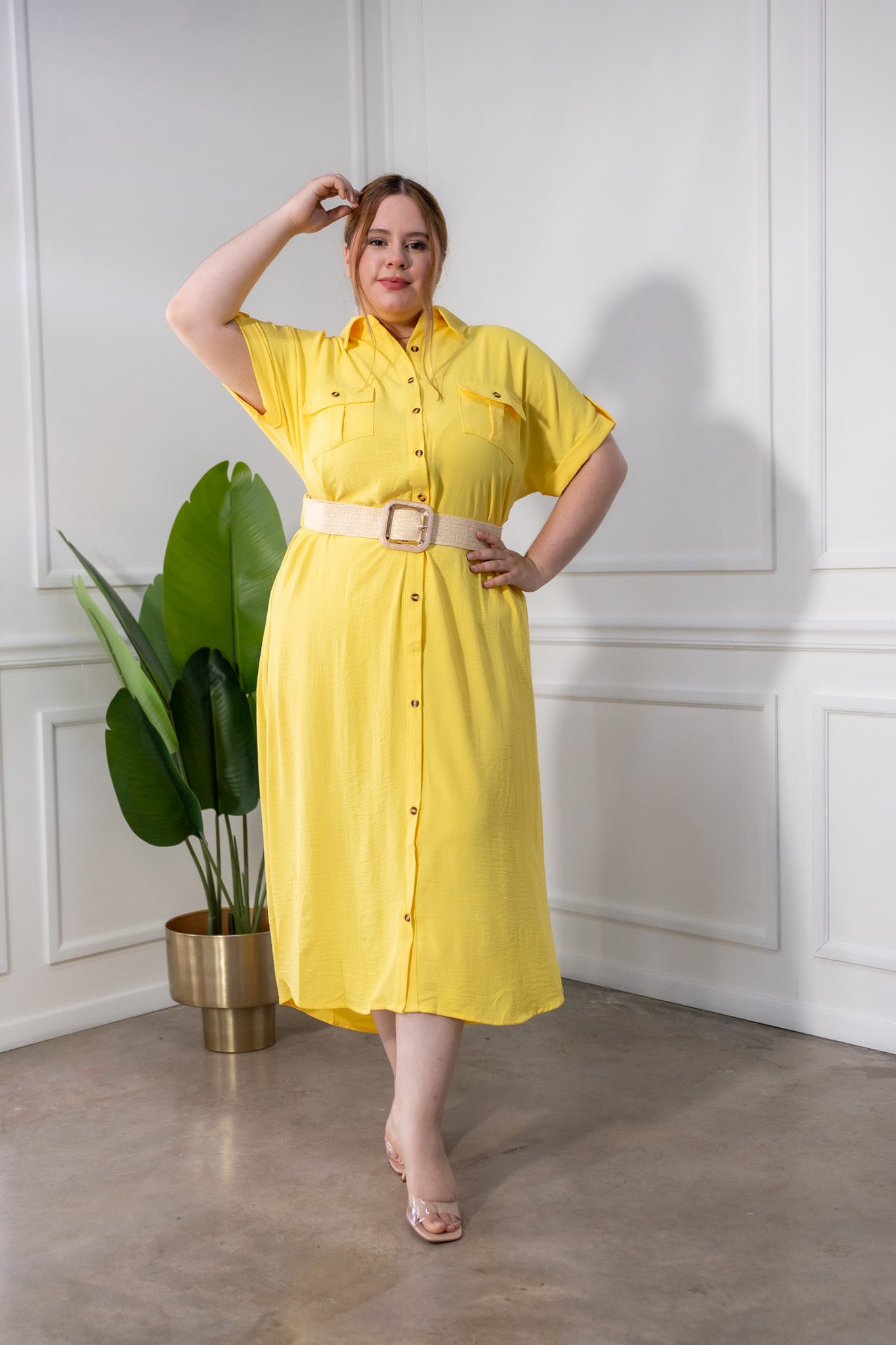 Vestido largo camisero con lazo amarillo