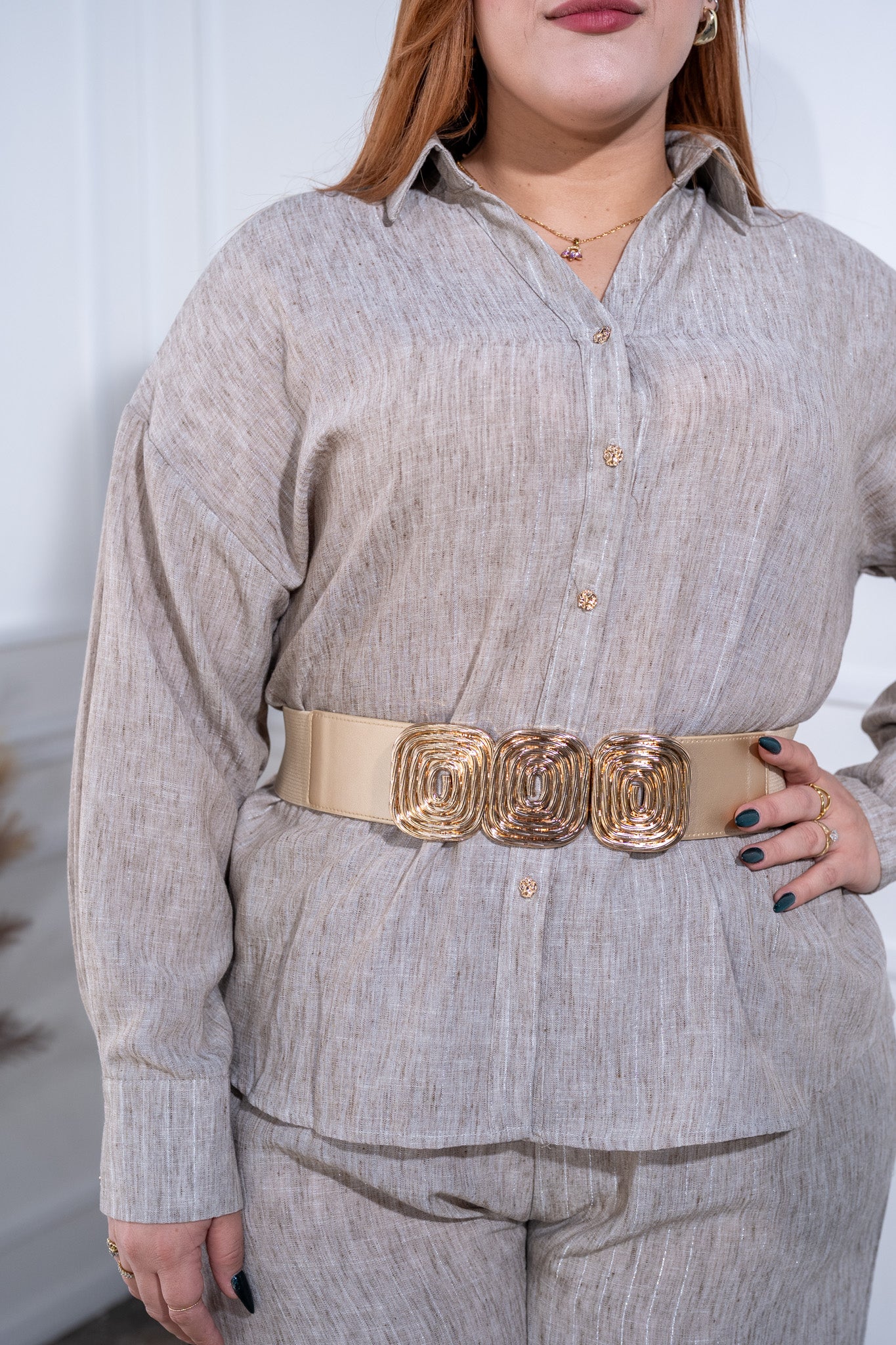 Set pantalon lineas brillos beige