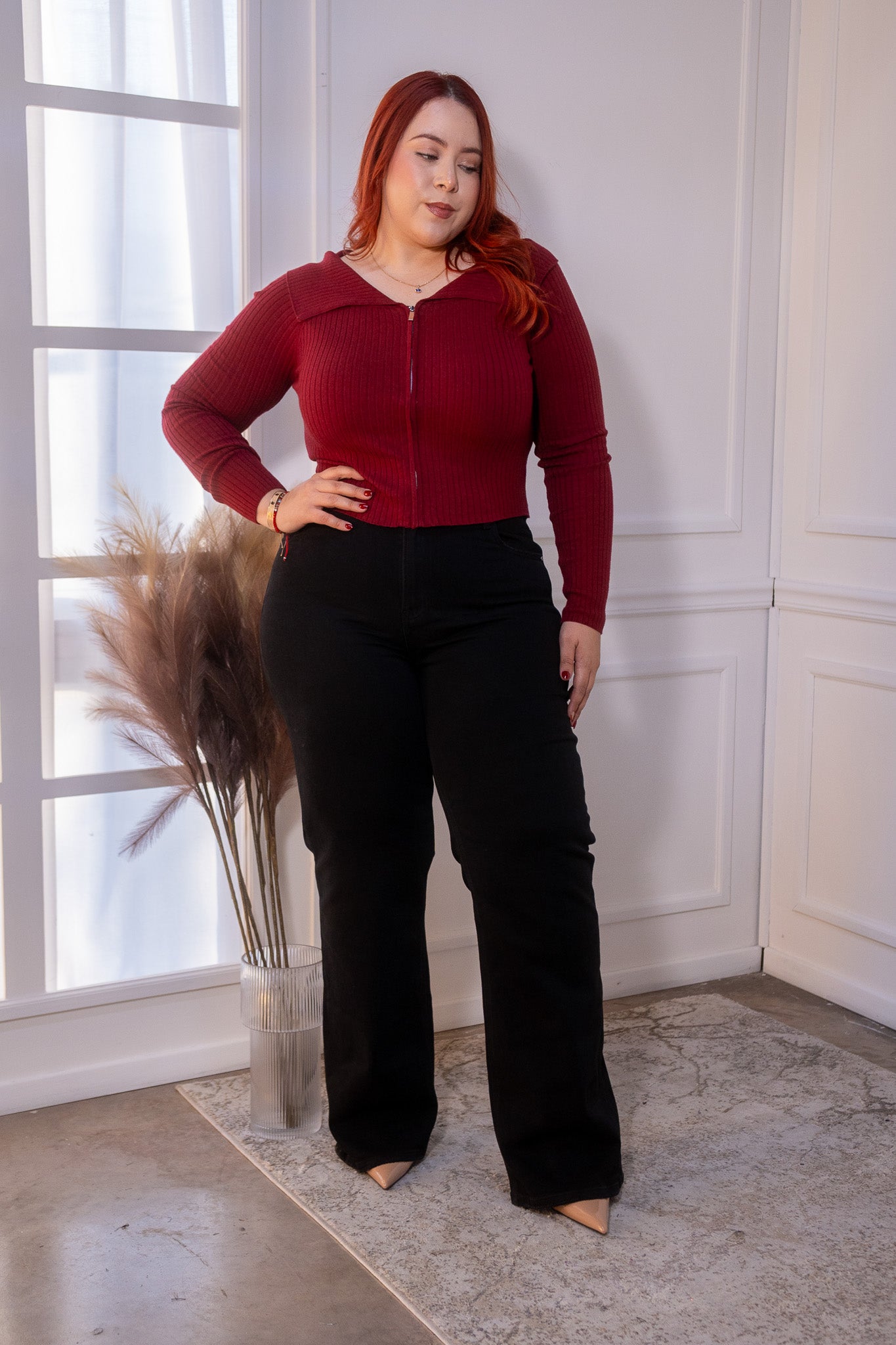 Blusa manga larga con ziper roja