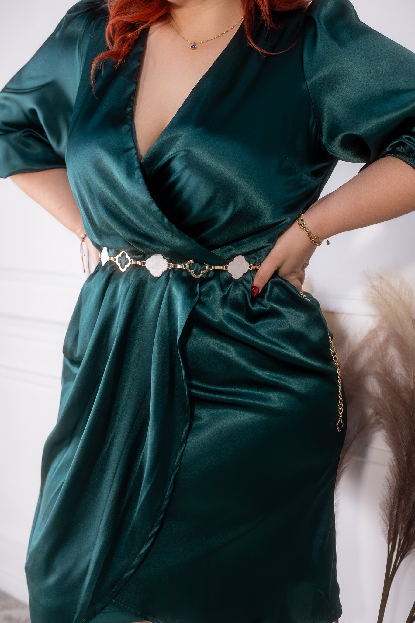 Vestido satin liso cruzado verde