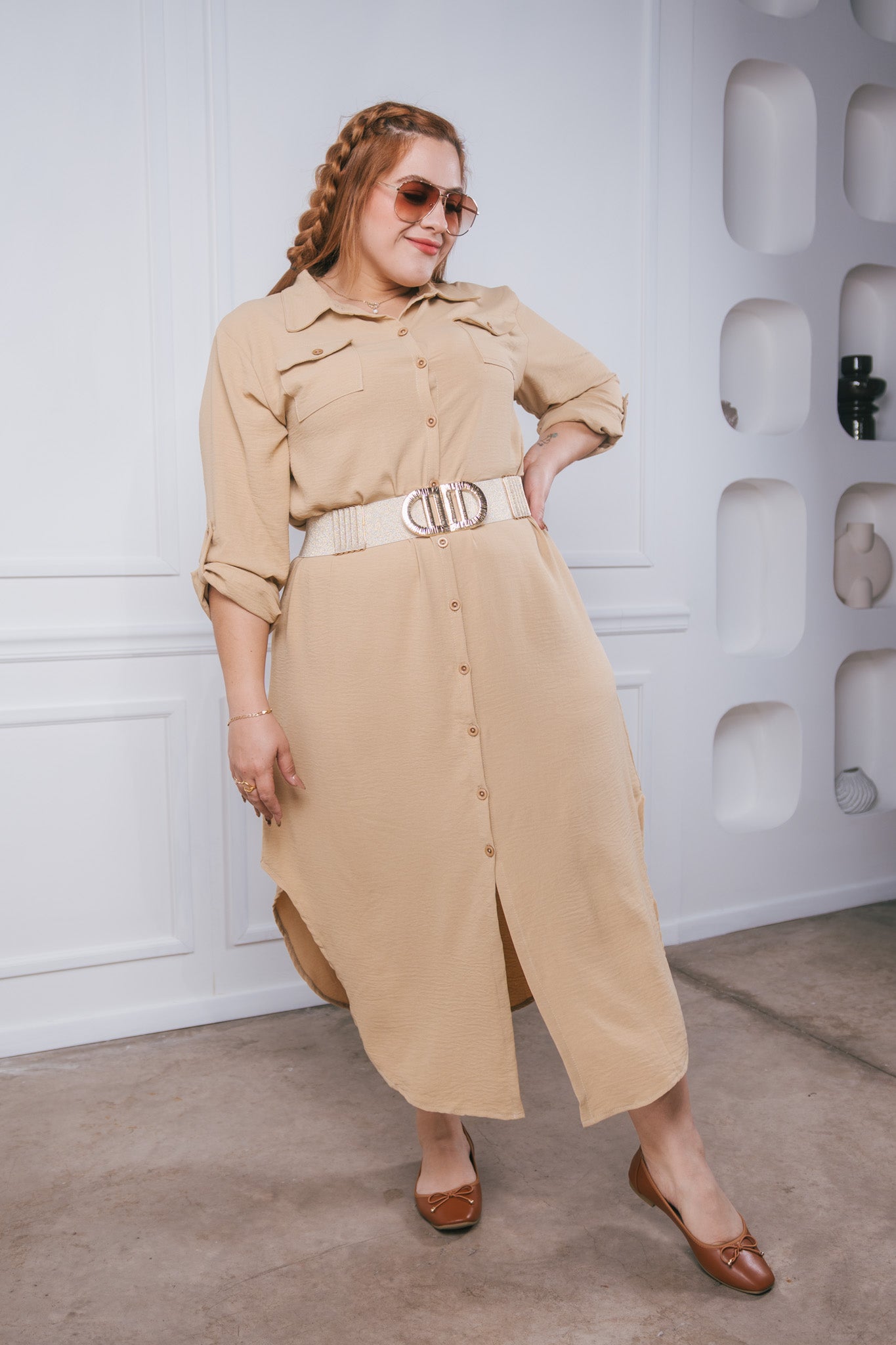 Maxi vestido camisero liso beige