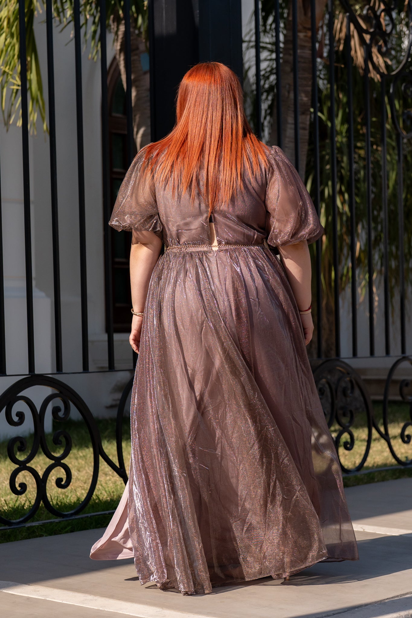 Vestido largo tul brillos moka