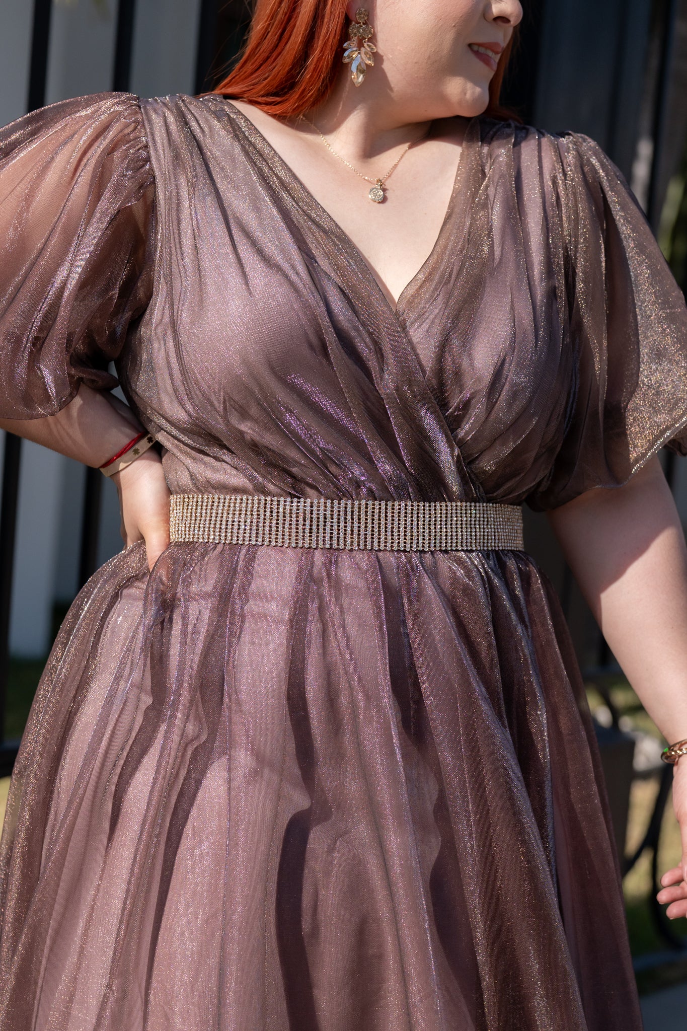 Vestido largo tul brillos moka