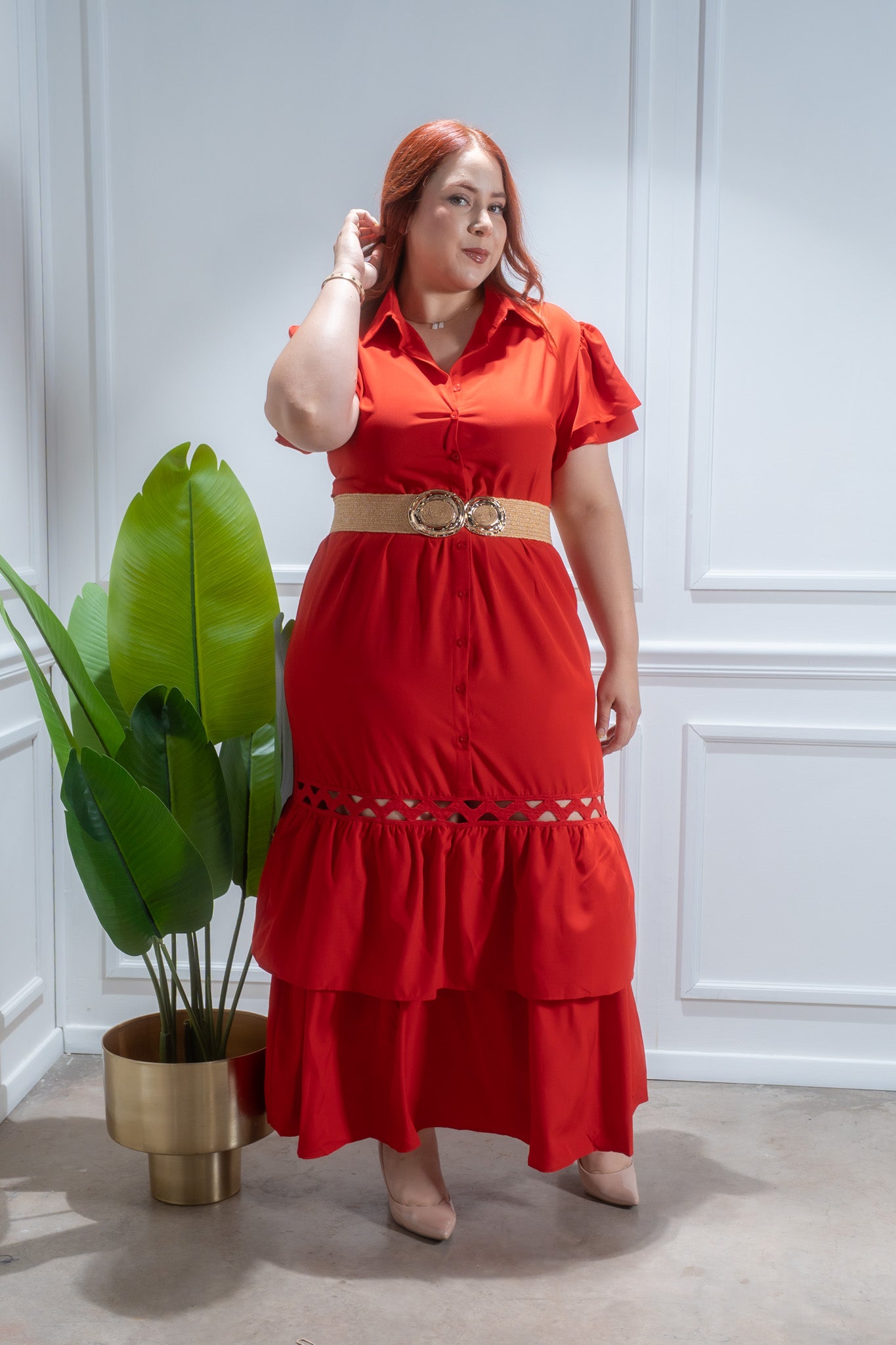 Maxi vestido c/cinto surcido rojo